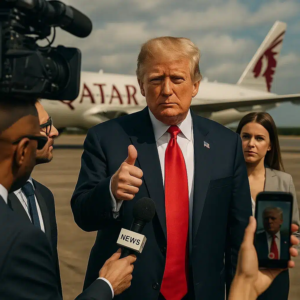 Donald Trump giving a thumbs-up while surrounded by security and reporters amid flashing cameras