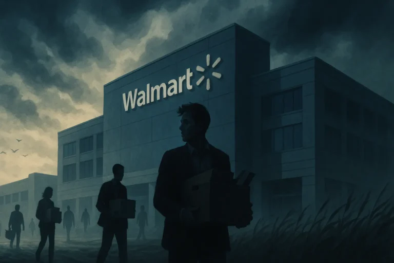 Walmart Layoffs - Exterior of Walmart headquarters under stormy skies with silhouettes of people leaving