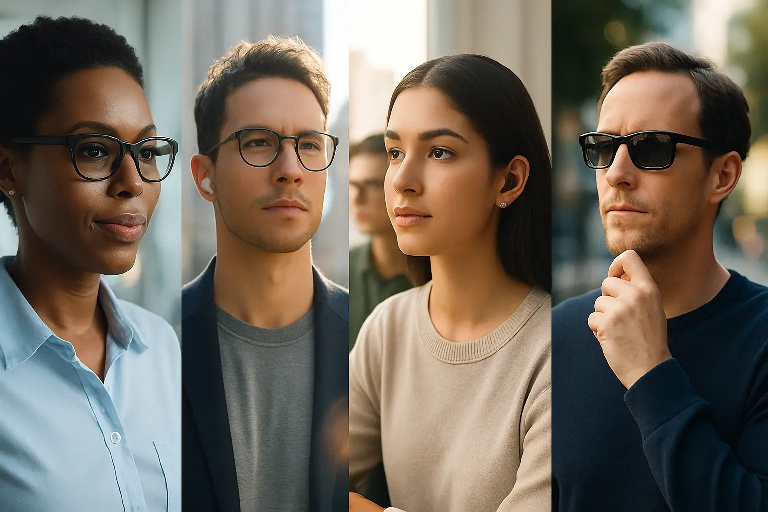 From streets to classrooms — wearable AI is finding a natural place in 2025 routines Collage of people in daily environments wearing smart glasses and earbuds