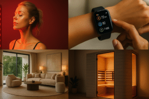 Collage of wellness trends: red light therapy, smartwatch, luxury wellness room, and infrared sauna
