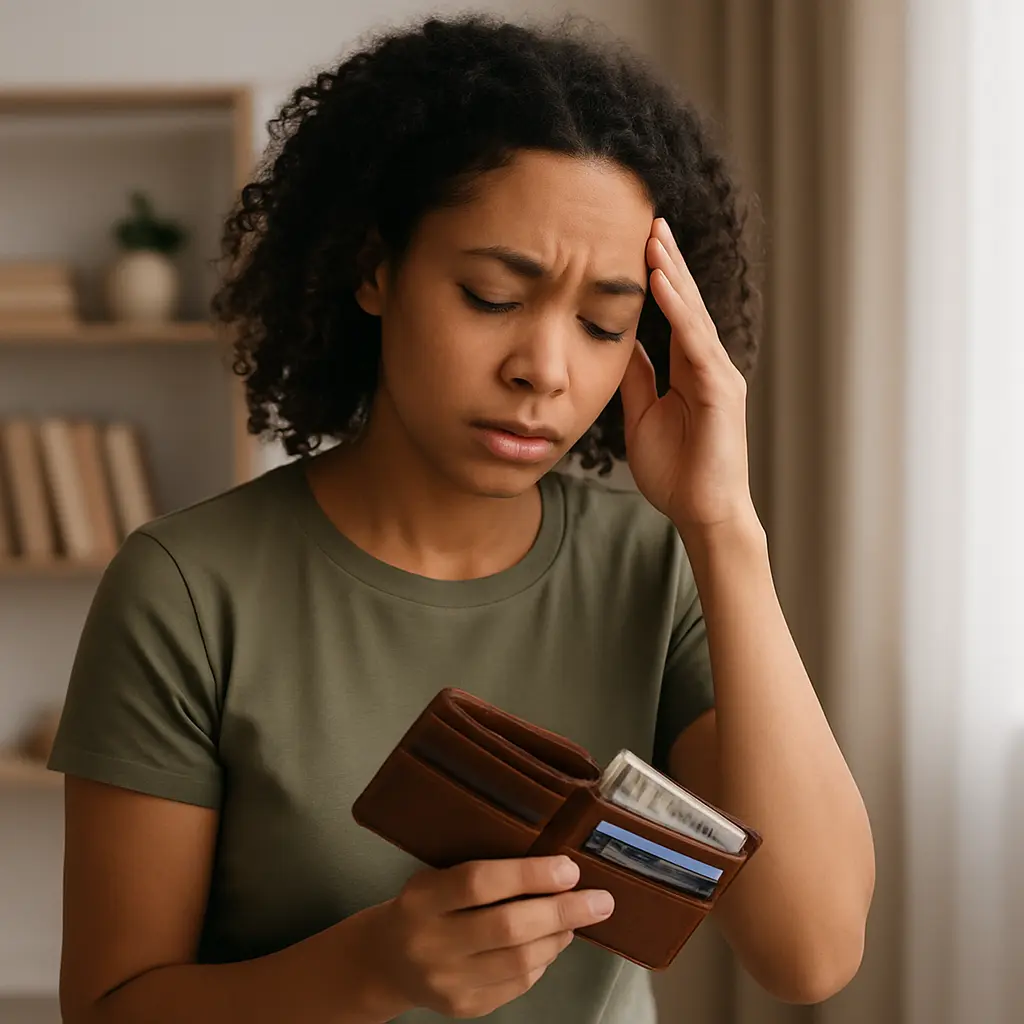A young woman holds a wallet and touches her temple with a thoughtful, slightly stressed expression.