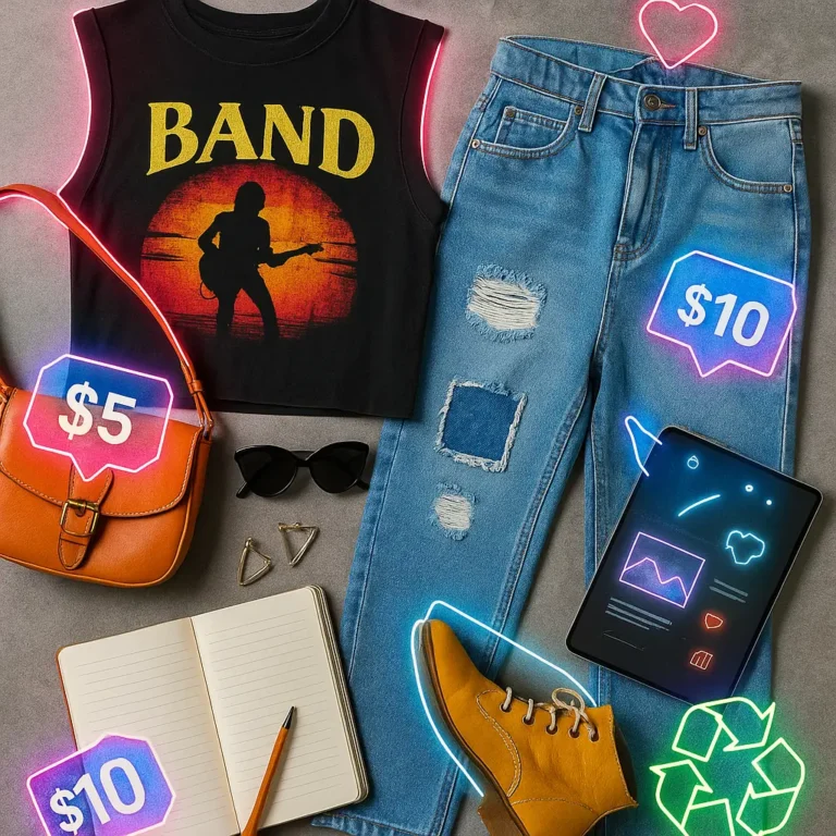 Trendy, affordable outfit made of upcycled and thrifted clothing, highlighted with neon lights and playful icons, symbolizing stylish sustainable fashion on a budget.