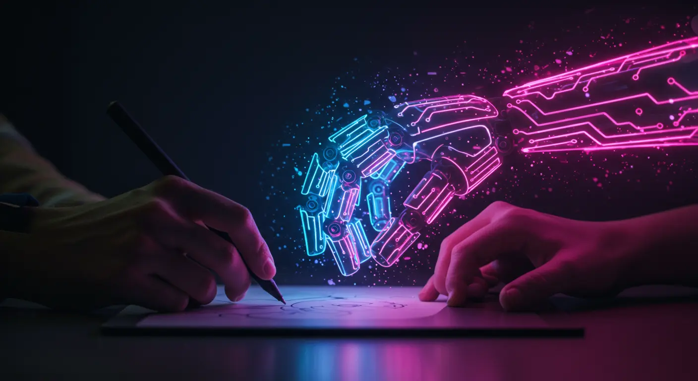Human hand and a neon AI robotic hand collaborating on a creative project, symbolizing the potential for AI and human authenticity to coexist.