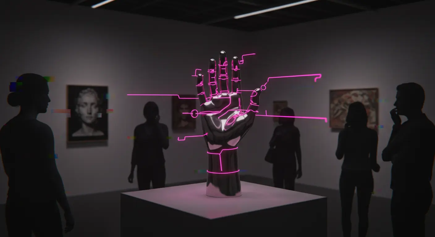 Technically perfect but lifeless AI-generated chrome hand sculpture in a gallery, causing uncanny reactions, symbolizing AI's 'too perfect' problem.