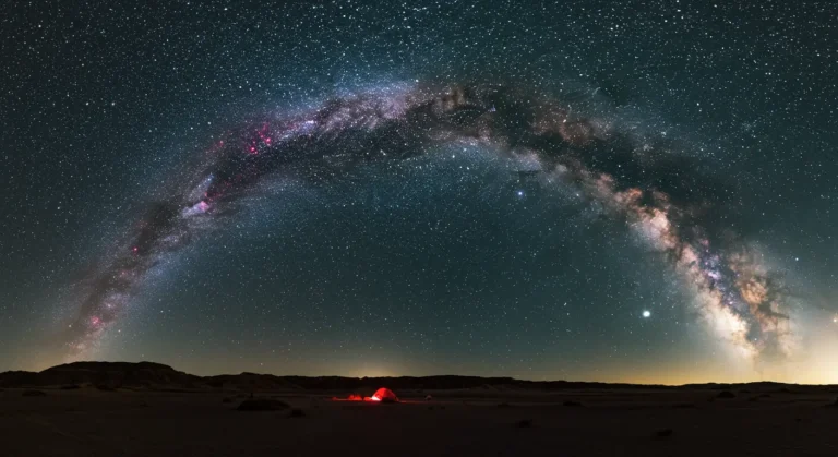 Astrotourism - A breathtaking panoramic view of the Milky Way arching majestically across a pristine night sky, over a serene, silhouetted landscape.