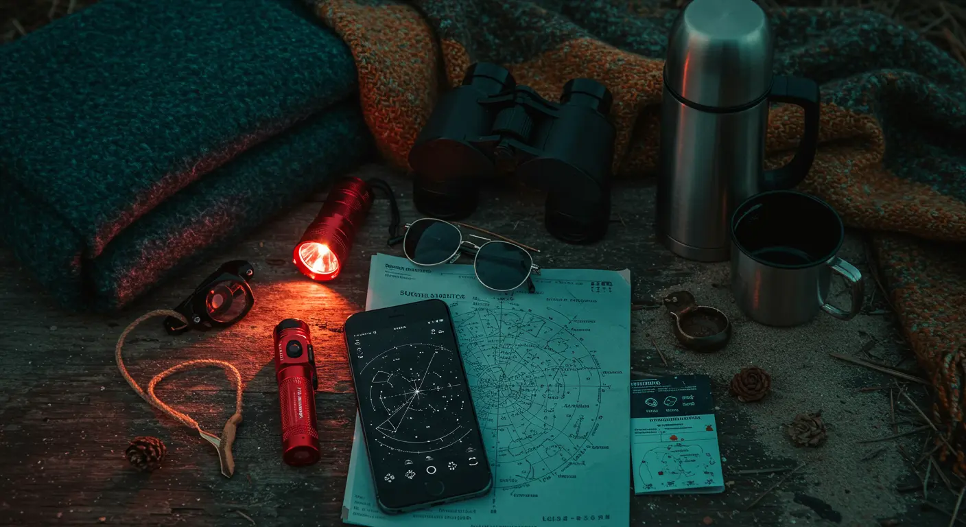 A flat lay of essential stargazing items: a red flashlight, binoculars, a star chart or app on a phone (screen dark, showing stars), and a cozy blanket, on a dark, textured surface.