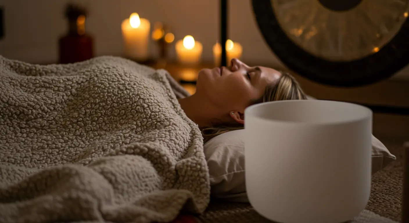 Person in deep relaxation during a sound bath, covered with a blanket, with a singing bowl edge visible.