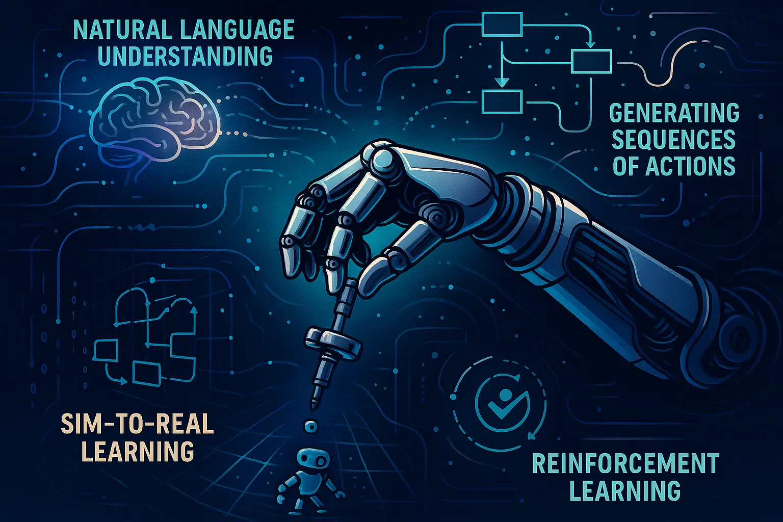Montage of Embodied AI applications: advanced surgical assistance, disaster relief robotics, and helpful home assistant robots.