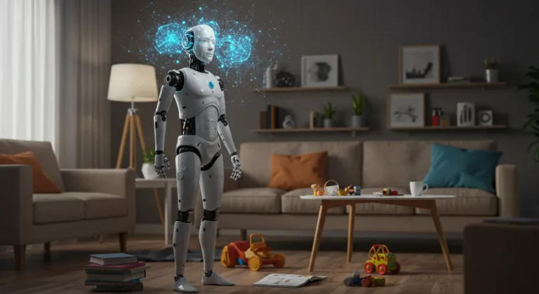 Sleek humanoid robot with AI brain visuals observing a real-world messy room, symbolizing Embodied AI's intelligent perception.