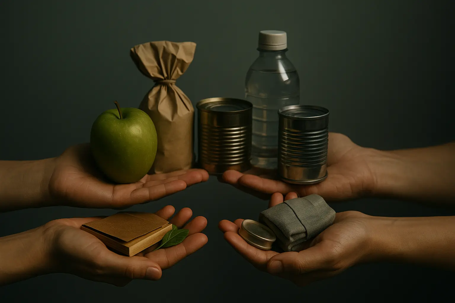 Hands holding ethical and unsustainable products, symbolizing conscious consumption.