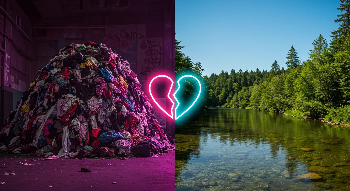 Split image contrasting a pile of discarded fast fashion clothes with a pristine natural landscape, symbolizing the environmental impact and fallout of cheap clothing.