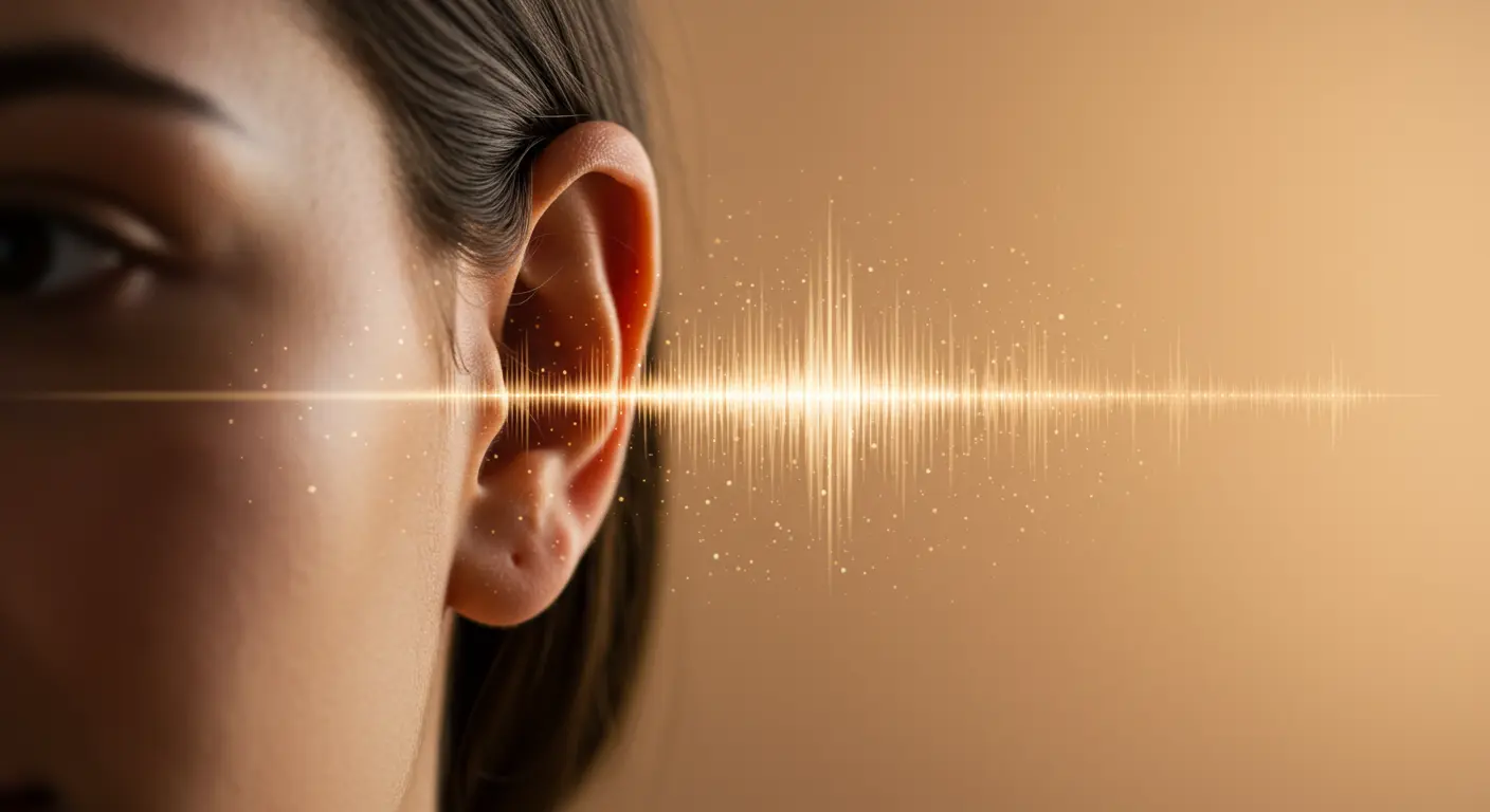 Close-up of an ear with soft light suggesting sound waves, symbolizing immersion in a sound bath.