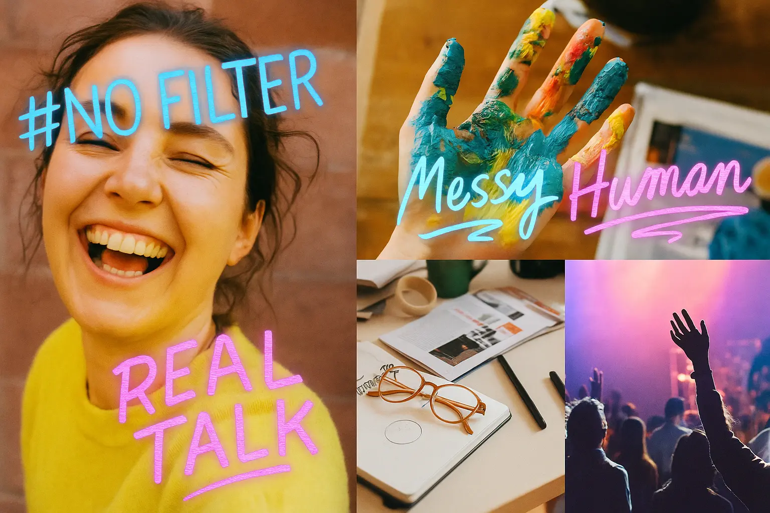Collage of 'imperfect' human moments – blurry selfies, messy creative spaces – with neon '#NoFilter' '#RealTalk' overlays, showing the hunger for authenticity.