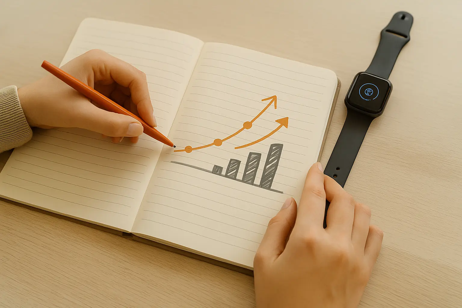 Hands sketching a project roadmap in a notebook, with a smartwatch showing focus mode, illustrating sustainable project navigation.