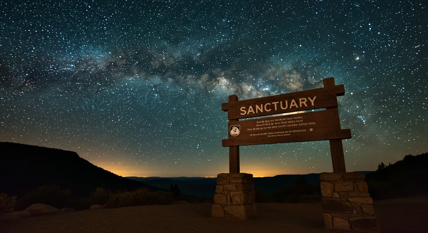 A rustic sign for an 'International Dark Sky Park' at night, with a stunning starry sky visible behind it.