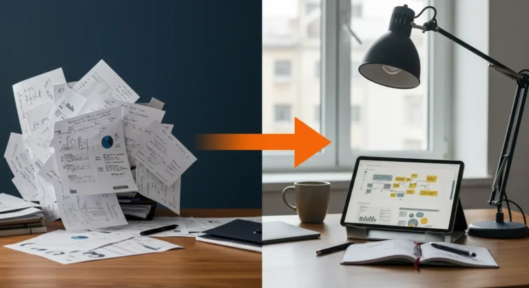 Side Projects - Split image showing a chaotic desk transforming into an organized desk with a purposeful strategic side project, symbolizing career growth.