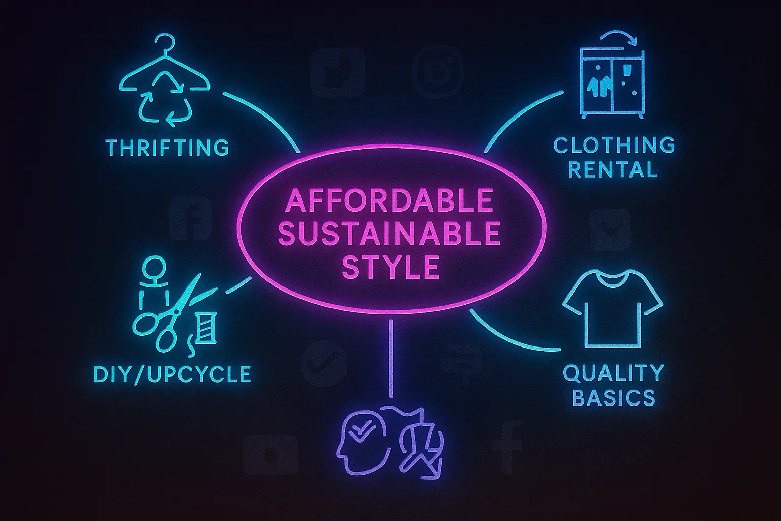 Glowing neon mind map illustrating different paths to affordable sustainable fashion, like thrifting, DIY, and rental, on a dark, dynamic background.
