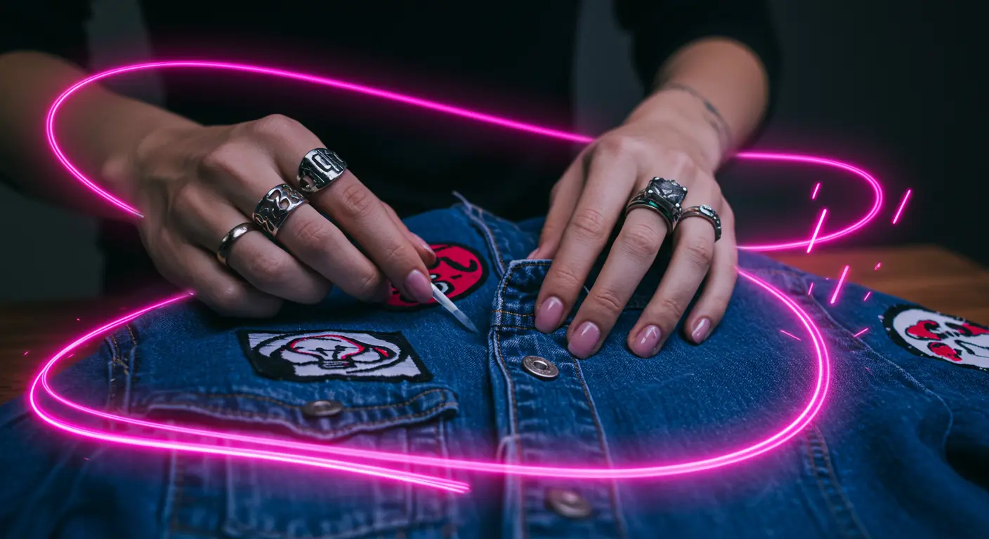 Hands customizing a piece of clothing with neon light trails and playful icons, symbolizing creative style hacks for sustainable fashion on a budget.