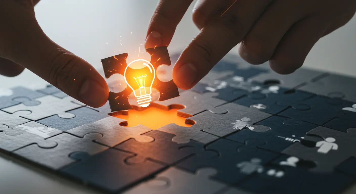 Hand placing a glowing lightbulb puzzle piece into a career puzzle, symbolizing the strategic value of side projects.