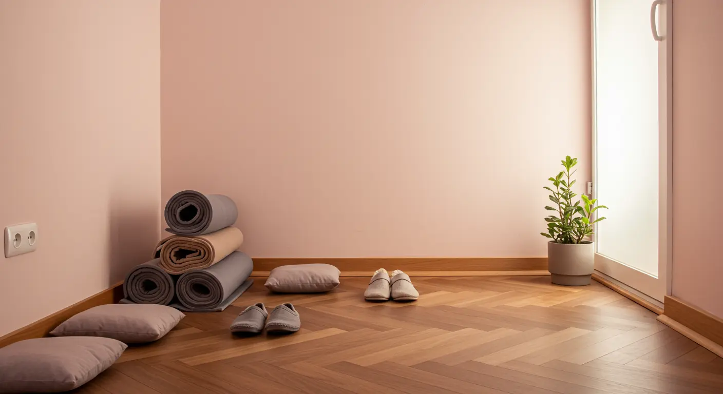 Calm and welcoming entrance to a sound bath space, showing rolled mats and soft lighting.